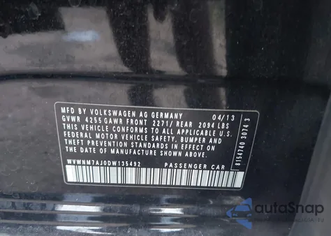 2013 Volkswagen Golf 2.0L Tdi 4-Door z USA, uszkodzony, nr VIN WVWNM7AJ0DW135492